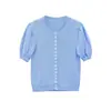 Ropa de Mujer Transfronteriza 2026 Moda Europea y Americana Versátil Simple de un Solo Botón Cuello Redondo Manga Abullonada Suéter de Punto para Mujer F71225