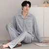 Pijamas de Algodón Puro de Venta Caliente para Hombre Primavera y Otoño Conjunto de Moda Casual Simple Holgado Talla Grande Solapa Manga Larga Ropa de Casa