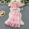 Conjunto Duas Peças Floral com Manga Bufante de Um Ombro Estilo Romântico Francês para Mulheres Verão Saia de Tule de Cintura Alta Terno Elegante