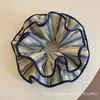 Scrunchie Dupla Camada Listrado Azul Marinho Estilo Coreano para Mulheres, Elástico de Cabelo Elegante para Rabo de Cavalo Baixo