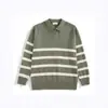 Otoño e Invierno Nuevo Punto Holgado de Manga Larga Camisa Polo para Hombre Cuello en V Diseño de Solapa Punto de Rayas en Contraste