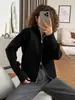 Cardigan de Tricô com Gola Alta e Zíper Duplo, Moda Simples Elegante Casual Outono 2026 Europeu e Americano