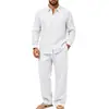 Conjunto de camisa de lino de manga larga simple para hombre, informal, para casa, para ir al trabajo, para vacaciones, estilo europeo y americano, transfronterizo, otoño, corte holgado, venta al por mayor