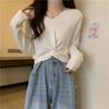 Suéter de Punto Otoño para Mujer 2024 Nuevo Cuello en V Color Sólido Manga Larga Camisa para Vestir por Capas Top Exterior Corto Chic