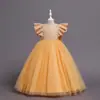 Vestido Longo Formal Europeu e Americano para Meninas com Babados, Vestido Princesa de Manga Curta, Vestido para Daminha de Casamento, Traje de Performance para Apresentadora
