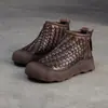 Jiezu 2025 Inverno Novo Botas Curtas de Couro Genuíno Camada Superior Tricotadas à Mão Estilo Retrô Versáteis de Solado Grosso Confortáveis para o Dia a Dia Calçados Femininos