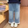 Jeans de Encaje Forrados de Polar para Niñas Otoño e Invierno Mono Estilo Infantil de Polar Pantalones Rectos Sueltos Pantalones Casuales para Bebé