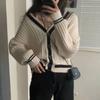 Coreia do Sul início do outono nova moda estilo coreano solto all-match V-neck contraste cor manga comprida malha cardigan camisola top para as mulheres