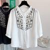 Foto Real de Camisa de Lino Bordada en Stock para Mujer, Manga Corta 2026, Holgada Casual, Blusa Súper Elegante y Hermosa para el Verano