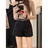 Pantalones cortos negros de cintura alta ajustados de corte A para mujer, de primavera y verano, holgados, de pierna ancha, informales, estilo retro, talla pequeña.