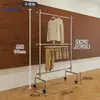Arara de Exposição de Duas Camadas para Loja de Roupas Arara de Ilha de Aço Inoxidável de Chão Arara para Loja de Roupas Femininas Prateleira para Loja de Compradores