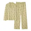 Conjunto de pijama de algodón de manga larga y pantalón largo para mujer, con cuello camisero y estilo cárdigan, talla grande, adecuado para primavera y otoño, conjunto de ropa de casa dulce y lindo