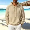 Nova blusa de moletom com capuz de algodão e linho estilo europeu e americano para homens, cor sólida, manga longa, top solto casual versátil