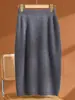 Novo Outono/Inverno Malha 100% Lã Pura Saia Midi com Fenda Feminina Cintura Alta para Trabalho Emagrecedora Quente Justa ao Corpo