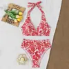 Traje de Baño de Dos Piezas Estilo Nuevo con Estampado, Espalda Descubierta Sexy con Cuello Halter, Corte Ajustado, Popular en Europa y América, Traje de Baño Transfronterizo de Triángulo de Cintura Alta