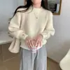 Suéter Pulôver de Cor Sólida com Manga Lanterna, Estilo Coreano para Outono e Inverno, Novo Top de Malha Interno Elegante e Casual para Mulheres
