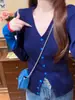 Chaqueta Cardigan de Punto Azul con Cuello en V, Empalme de Color Contrastante, Manga Larga para Mujer, Principios de Otoño, Corta, Ajustada, Camisa Top para Capas Interiores