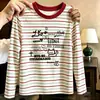 Camiseta de manga larga a rayas de algodón puro para niña, nueva camiseta versátil informal de bloques de color para primavera y otoño de 2026, camiseta básica para niños