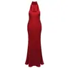 En Stock Vestido de Noche Negro de Satén con Cuello Halter para Mujer con Cadena de Perlas, Ajustado Profundo sin Espalda Largo para Ser Anfitrión de Banquetes.