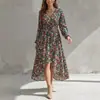 Vestido feminino de outono 2026, moda cruzada europeia e americana para comércio exterior, manga lanterna, acinturado, estampado, elegante