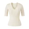 Suéter Feminino de Tricô com Gola V e Mangas Médias, Novo Top Retrô Slim Fit para Camadas, Suéter Curto Emagrecedor