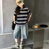 Camiseta de manga curta para meninas, novo estilo verão 2026, camisa POLO fina e estilosa, roupa de verão para crianças mais velhas, top listrado soltinho