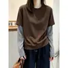 Camiseta Manga Longa Patchwork Listrada Falsa Duas Peças Feminina Outono 2026 Solta Modeladora Senso de Design Camiseta Básica Cartoon