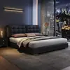 Cama de Casal Minimalista Estilo Italiano em Couro Legítimo de Grão Superior com Cabeceira Alta, Estofamento Macio Acolchoado, Cama de Casal de Luxo em Couro Genuíno para Quarto Principal, Cama de Casamento