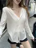 Cardigan com Capuz Fino de Tencel com Decote V Estilo Hot Girl para Proteção Solar Feminina, Peça de Roupa Externa de Botão de Manga Longa para Primavera e Verão