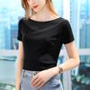 Camiseta de manga corta de seda brillante para mujer, novedad de 2024, sexy, con costuras de malla, estilo occidental, elegante, con hombros descubiertos.