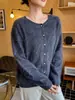 Suéter de lana forrado de polar liso para otoño e invierno, suéter de cachemira para mujer, cárdigan de cuello redondo, prenda exterior casual de punto sin costuras