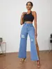 [Customização de Jeans] Calças de Perna Reta Soltas de Perna Larga Jeans de Algodão Elástico Roupas Customização