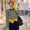 Cardigan Suéter de Tricô com Design Pied-de-Poule Color-Blocking, Gola Redonda, Fechamento em Botão Único, Manga Longa, Versátil para Mulheres