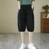 Pantalones Cortos de Algodón de Verano Finos Casuales Sueltos Tallas Grandes para Mujer Cintura Alta Pantalones de Cinco Puntos Pierna Ancha Cintura Elástica Pantalones Harem de Longitud Media