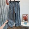 Foto Real de Calças Casuais Xadrez Soltas de Cintura Alta Estilo Coreano para Mulheres Verão Novo Cintura Elástica Perna Larga Reta