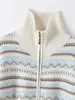 Suéter Cárdigan de Punto Jacquard Cachemir Fair Isle Vintage para Mujer con Cuello Solapa, Cremallera, Corte Holgado, Chaqueta de Bloques de Color Rayados