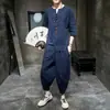 Estilo chinês masculino vintage algodão e linho terno fivela verão sete mangas camiseta shorts duas peças plus size roupas