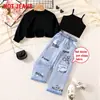 Conjunto de Niña para Primavera y Otoño: Conjunto de Tres Piezas: Top Elegante de Manga Larga + Tirantes de Color Sólido + Pantalones de Mezclilla Sintética con Estampado de Letras