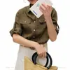 Camisa de Trabajo Shou Taozi 100% Lino con Cuello Solapa para Mujer, Corte Holgado, Adelgazante, Manga Larga, Top de Color Sólido, Camisa de Otoño
