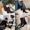 [Couro de Vaca] Couro de Vaca/3,5cm Manga Retrô Bota Curta de Uso Duplo Bico Quadrado Fivela de Cinto Feminina Salto Grosso Cordão Moda Botas
