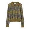Exportación Transfronteriza Otoño 2025 Nuevo Suéter de Cuello Polo Chaqueta de Punto de Cuadros Diamante Retro Cárdigan Suéter Casual