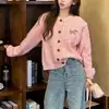 Cardigan suéter de gola redonda rosa com patch de cachorrinho, novo estilo outono e inverno 2026, macio e solto, casaco de tricô estilo casual