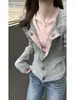 Cardigan de tricô cinza de manga longa estilo Chanel para mulheres, primavera e outono, com design único, estilo casual e descontraído, jaqueta curta de tricô