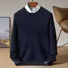 Novo suéter casual 100% lã pura para homens, gola redonda, cor sólida, tricô espesso, estiloso e que rejuvenesce