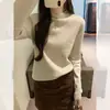 Camisa base de malha macia e amiga da pele com gola semi-alta para mulheres, suéter pulôver solto para outono e inverno, top estilo coreano