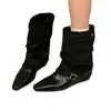 Botas de Pierna de Pantalón de Cuero Retro con Parches de Moda Botas de Moda Versátiles para Mujer Estilo Callejero Atrevido Atractivo Hebilla de Chica Picante