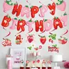 Novas decorações de festa de aniversário com tema de morango, banner de feliz aniversário, toppers de morango para decoração de bolo