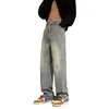 Jeans con Salpicaduras de Tinta para Hombre Primavera y Otoño Estilo Americano Retro Pantalones de Pierna Recta Modernos Sueltos Nicho Combinan con Todo Pantalones Casuales