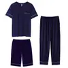 Pijama de Tres Piezas de Algodón Viscosa para Hombre Primavera y Verano Manga Corta Pantalones Cortos Pantalones Jersey para Hombre Ropa de Casa Talla Grande Verano
