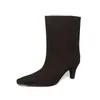 Botas femininas de perna larga com salto agulha, botas de calçar únicas, novas botas de moda outono e inverno em couro genuíno com bico quadrado, botas femininas de cano médio tamanho 40